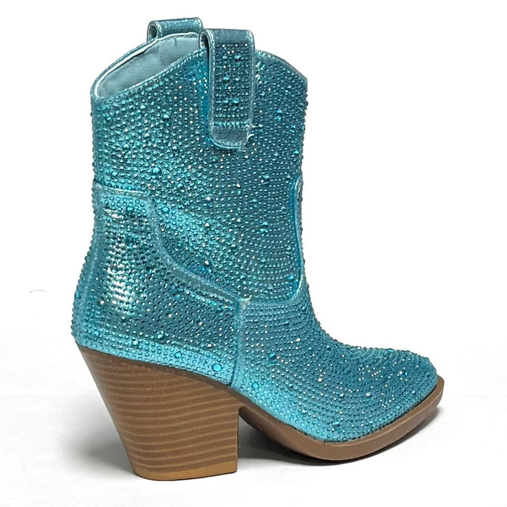 New Light Blue Rhinestone Blingy Western Cowboy Ankle Boots Booties - Picture 6 of 7